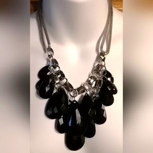 Elegant Black Acrylic Drop Silver Tone Statement Necklace